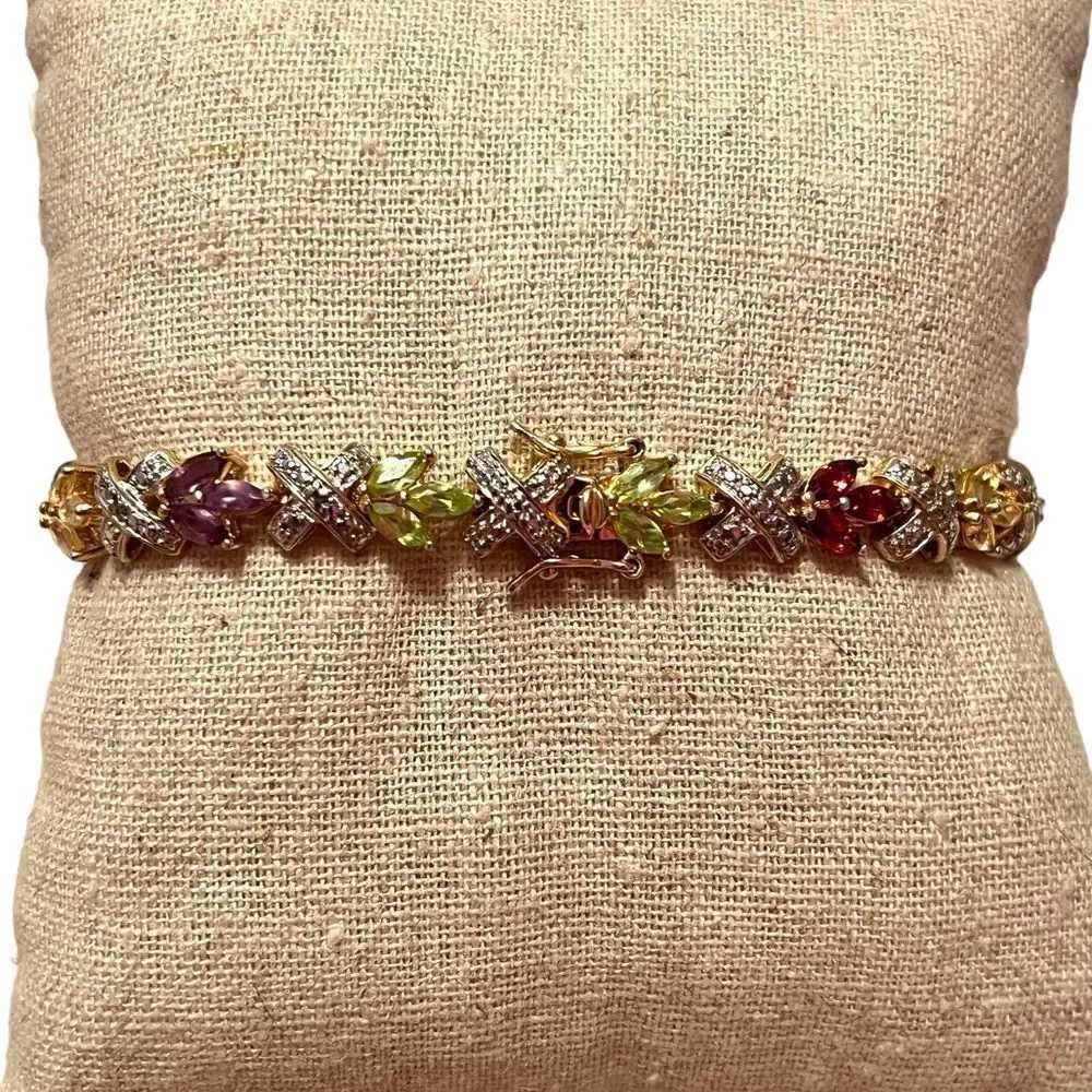 Multi Gemstone Gold Plated Sterling Silver Tennis Bracelet
